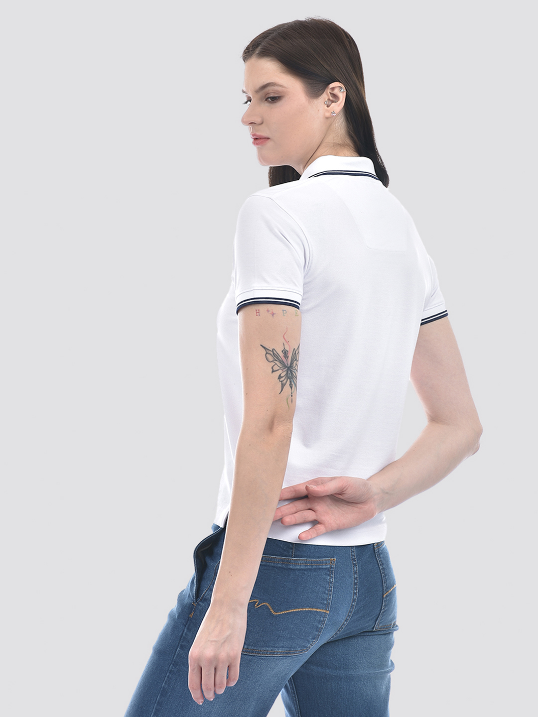 Numero Uno Women White Tipped Collar Polo Neck T-Shirt
